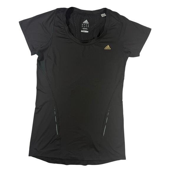 Adidas Womens S Black Active Tee Gold Logo Mesh Panels Running Training Top - Picture 2 of 9